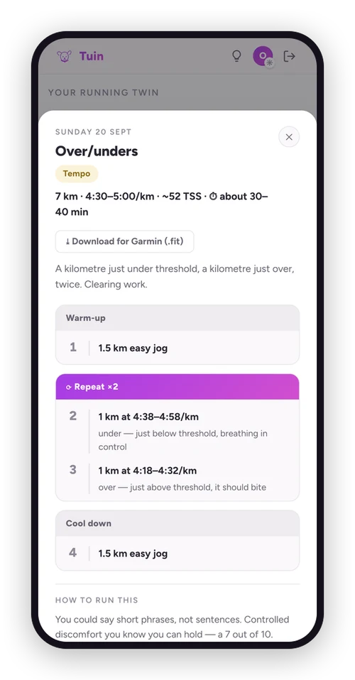 Today's session open in Tuin — Over/unders, with its warm-up, its two over/under kilometres and its cool-down — on a phone, and on a wider screen the same plan on a tablet and a laptop.