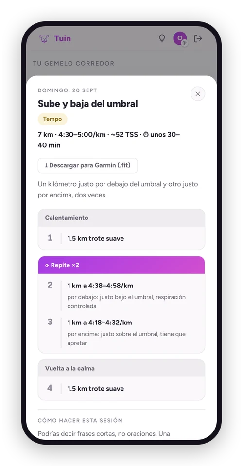 La sesión de hoy abierta en Tuin —un sube y baja del umbral, con su calentamiento, sus dos kilómetros y su vuelta a la calma— en el móvil, y en una pantalla más ancha el mismo plan en una tablet y un portátil.