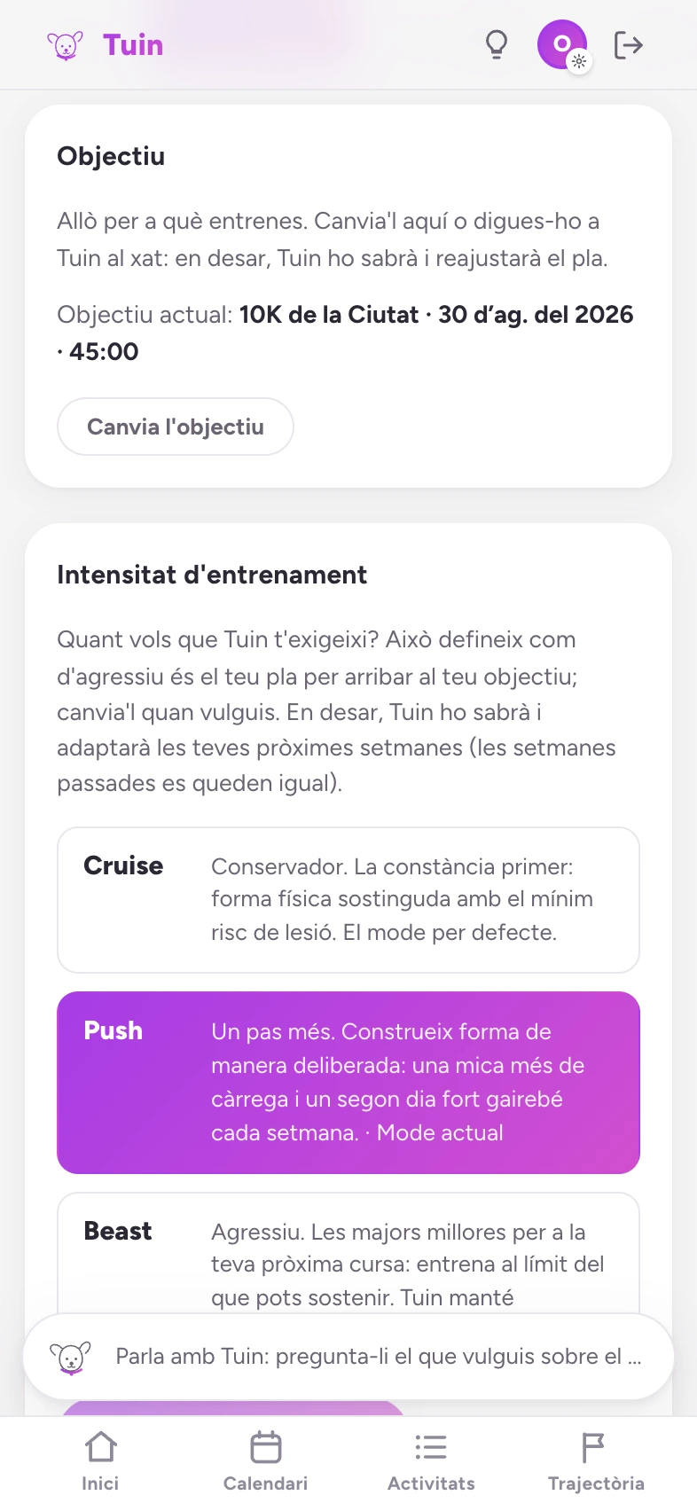 La configuració d'entrenament d'en Tuin: l'objectiu i el nivell d'intensitat a Push, amb Cruise i Beast als costats.