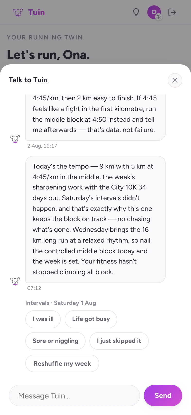Tuin's morning brief: a few sentences on what today's session is for and how the training block is going.