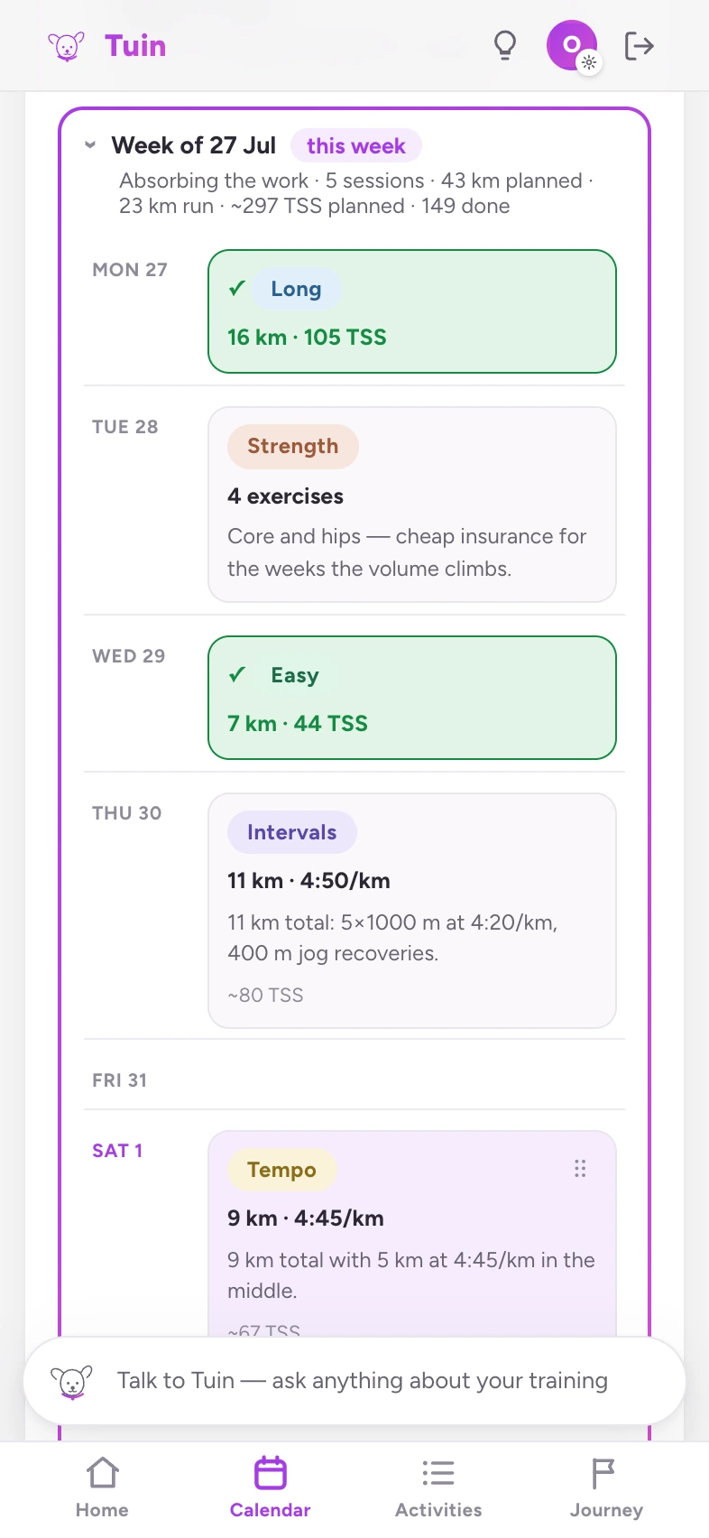 Tuin's calendar for the current week: an interval session, a strength session, today's tempo and a long run.