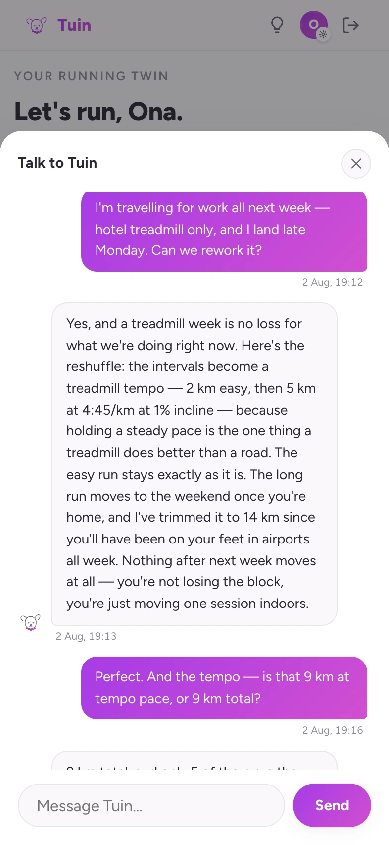 A conversation with Tuin: a travel week reworked onto a hotel treadmill, and a follow-up answer explaining exactly how long the tempo block is.