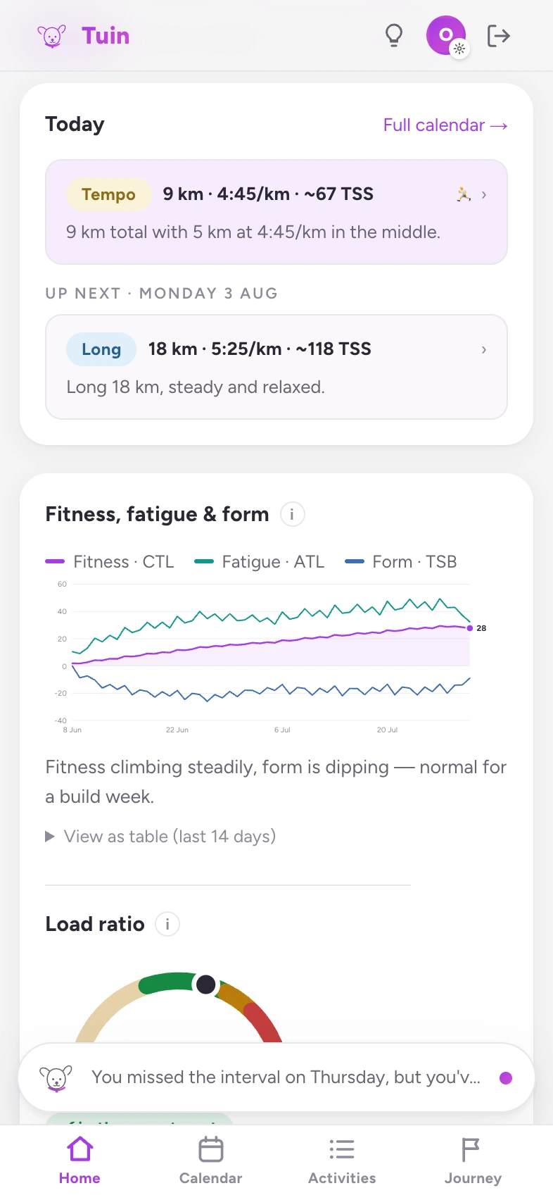 Tuin's home screen: today's tempo run with its pace and purpose, the next session, and a fitness, fatigue and form chart.