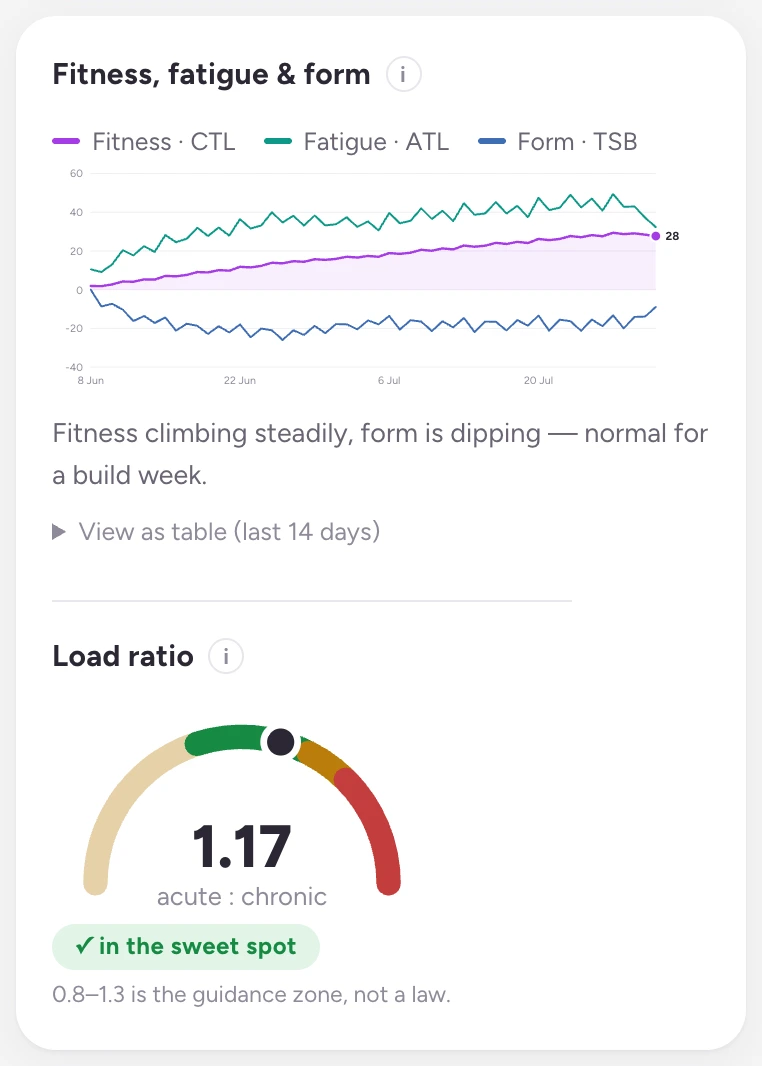 Tuin's fitness, fatigue and form chart over eight weeks, with a plain-language read underneath it.