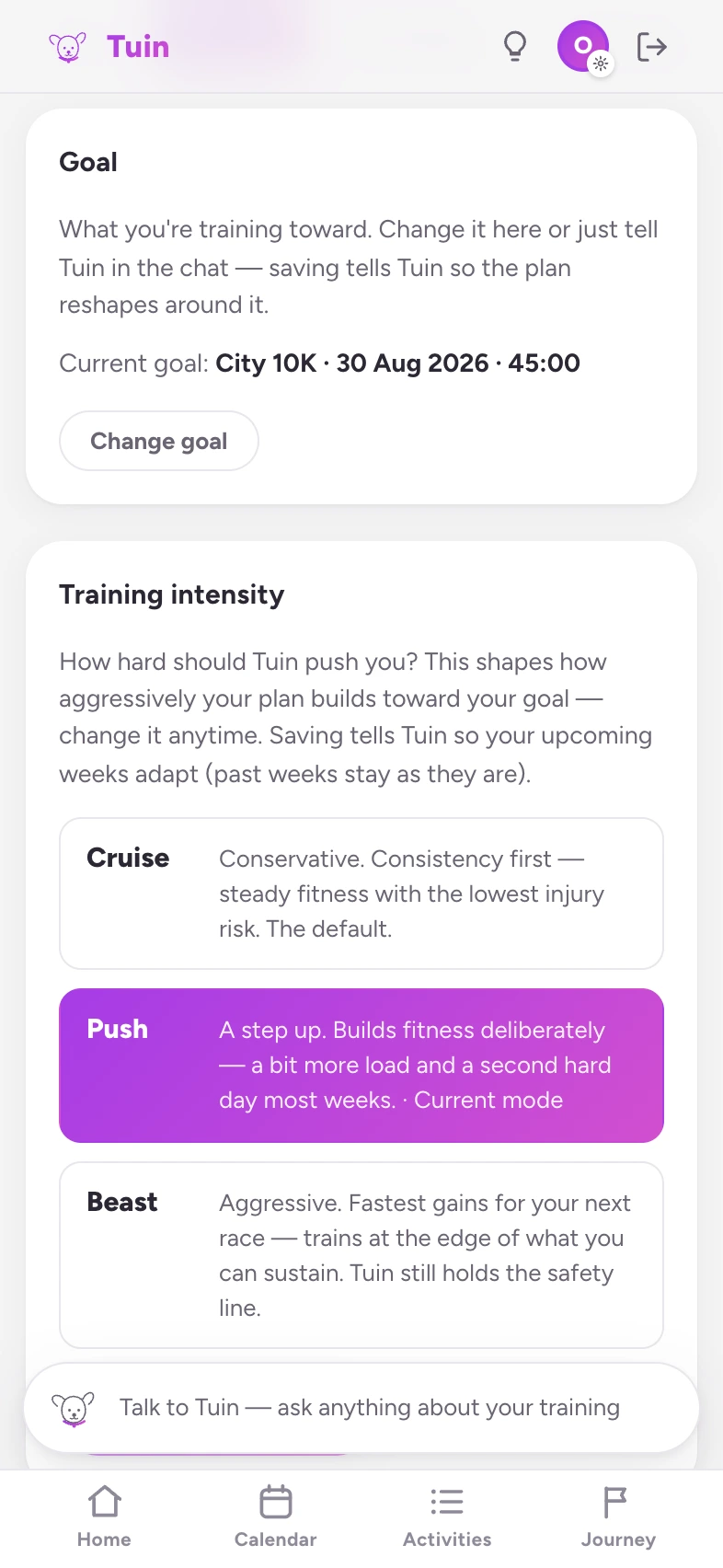 Tuin's training settings: the goal, and a training-intensity dial set to Push, with Cruise and Beast either side.