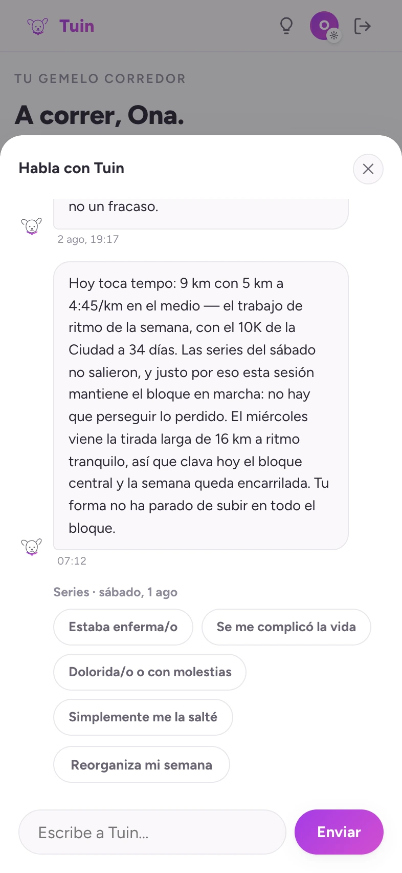 El resumen matinal de Tuin: unas frases sobre para qué es la sesión de hoy y cómo va el bloque de entrenamiento.