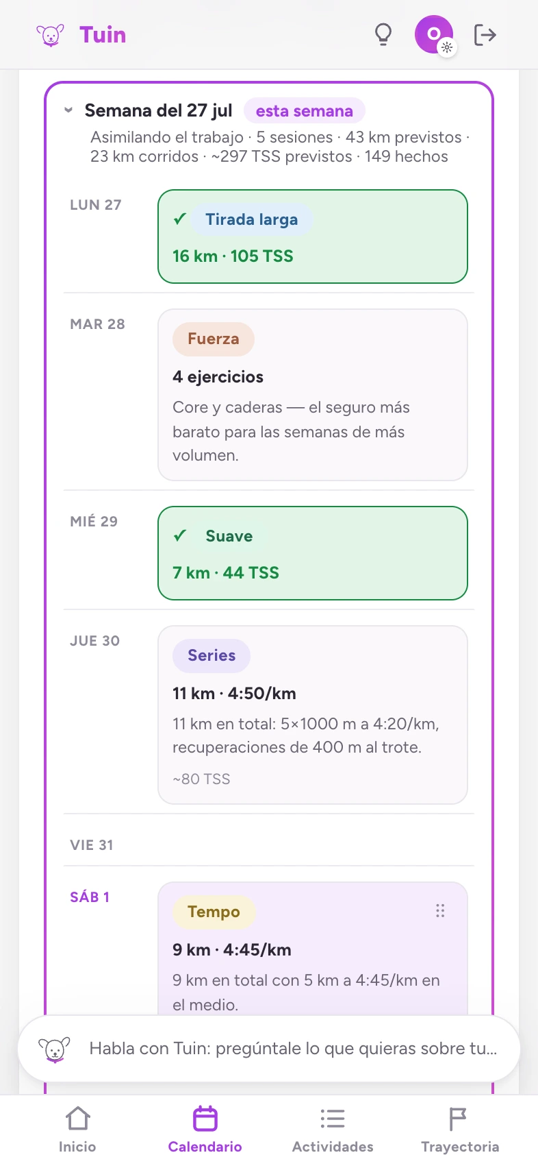 El calendario de Tuin de la semana actual: series, una sesión de fuerza, el tempo de hoy y una tirada larga.