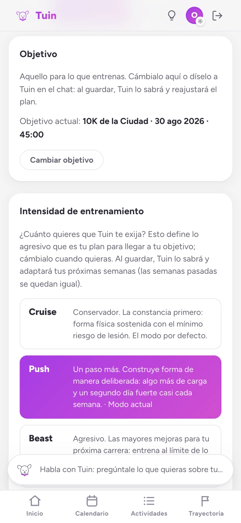 Los ajustes de entrenamiento de Tuin: el objetivo y el nivel de intensidad en Push, con Cruise y Beast a los lados.